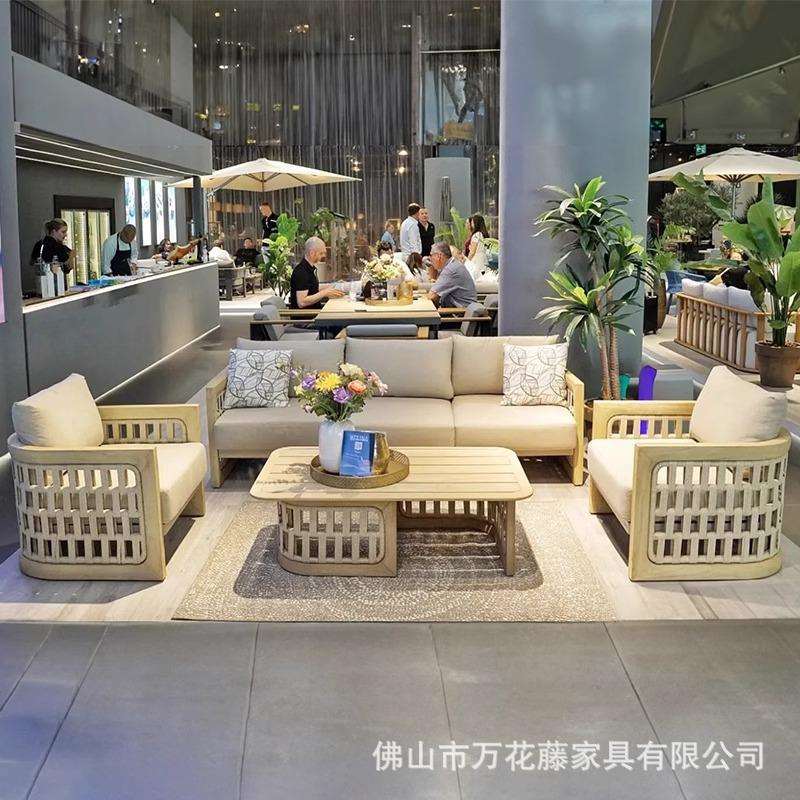 户外休闲柚木沙发组合庭院阳台别墅露天藤编躺椅酒店花园实木家具
