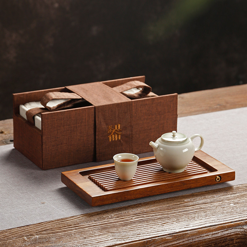 竹制茶具收纳盒旅行可携式家用防尘带茶盘小车载储水沥水布袋茶箱