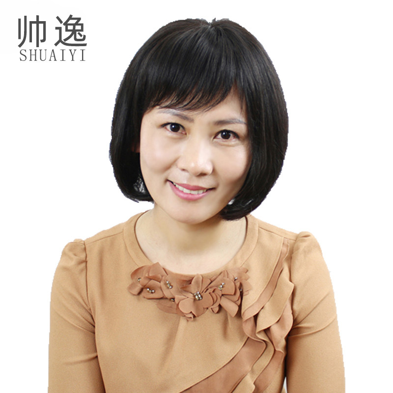 真人发丝中老年妈妈中长梨花头中年人真发递针全手织假发女圆脸