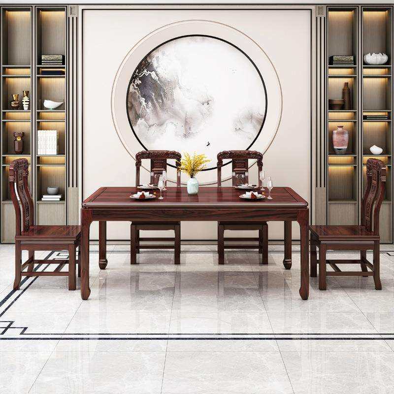 新中式乌金木实木餐桌椅组合长方形家用餐桌吃饭桌子轻奢餐厅家具