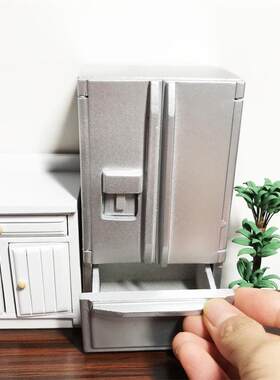 1：12迷你娃娃屋双门双层冰箱DOLLHOUSE仿真冰箱模型白色银灰色