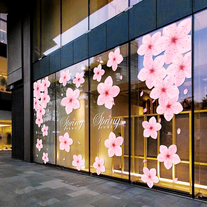 春季浪漫樱花玻璃门装饰贴纸商场服装店橱窗氛围布置静电无胶贴画
