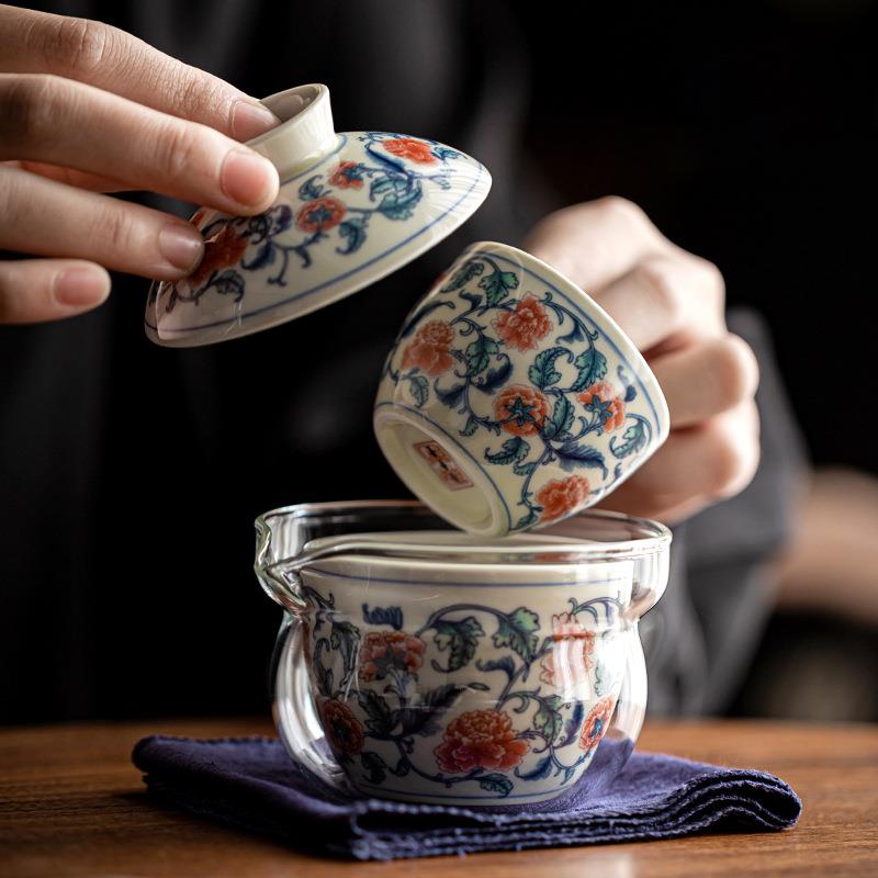 复古青花旅行茶具一壶两杯快客杯泡茶器盖碗茶杯便携式收纳小套装