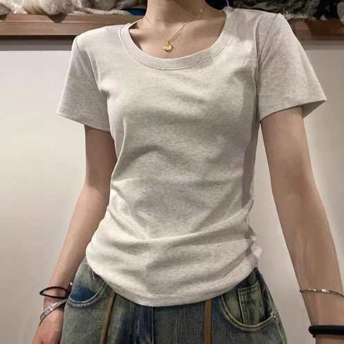 美式正肩短袖t恤女新款女装圆领