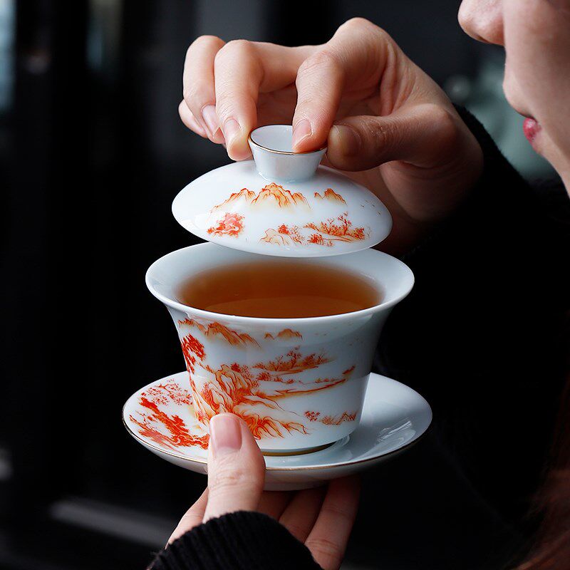 高档青花三才盖碗单个功夫茶茶杯茶盏手工陶瓷泡茶大号不烫手茶具