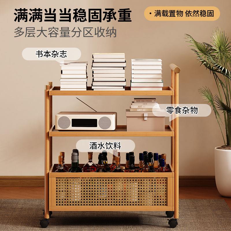 沙发边几中古小推车可移动推拉茶几藤编收纳框复古多层床头置物架