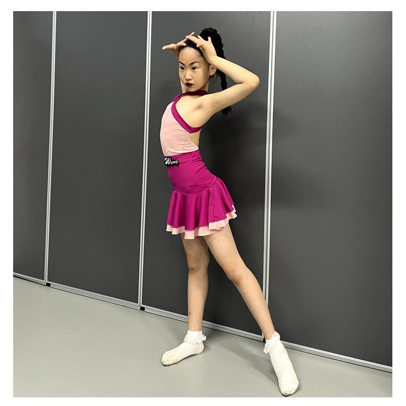 舞莫舞服拉丁舞裙新款吊带女挂脖时髦撞色练功服女童儿童夏季分体