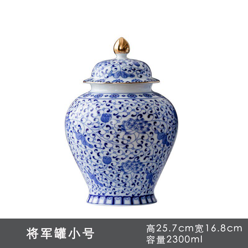 青花瓷大容量茶叶罐陶瓷将军密封罐散茶普洱茶叶盒防潮存茶罐布袋
