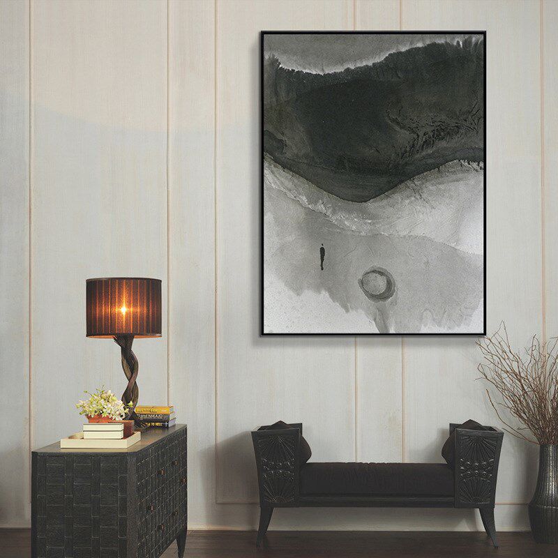 客厅装饰画三联有框画新中式餐厅挂画水墨山水画玄关创意黑白油画