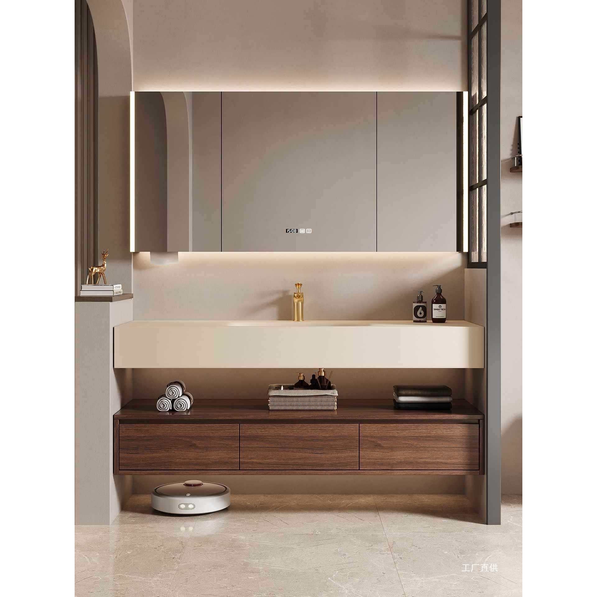 中古风岩板热弯一体盆洗漱台组合定 制卫生间浴室柜组合洗手洗脸