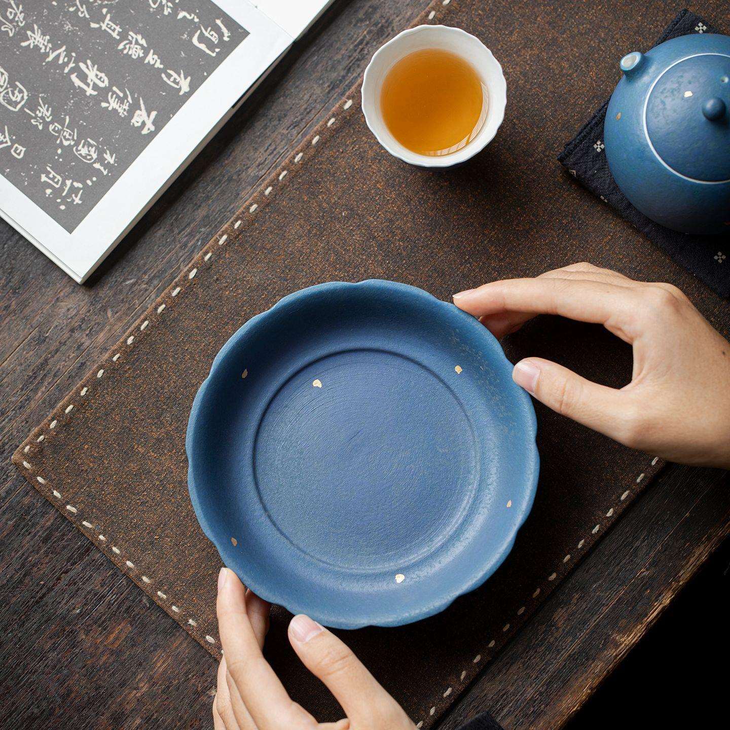 宝石蓝洒金花边壶承陶瓷干泡盘家用茶壶托盘茶点盘子果盘茶道配件