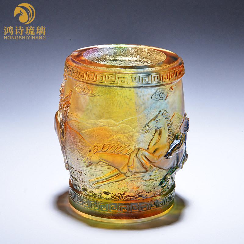 复古中式中国风马到成功琉璃工艺品笔筒创意时尚办公室老板桌摆件