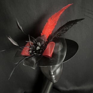 新款复古设计感神秘黑色流行中国风羽毛花朵造型模特走秀个性头饰