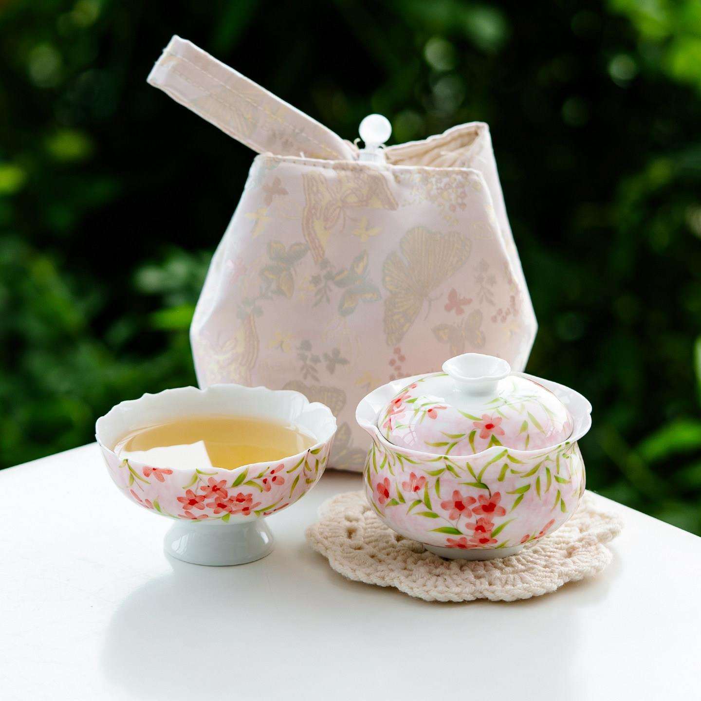 手绘叶蔓粉樱便携式旅行茶具陶瓷一人饮快客杯户外露营泡茶碗套装
