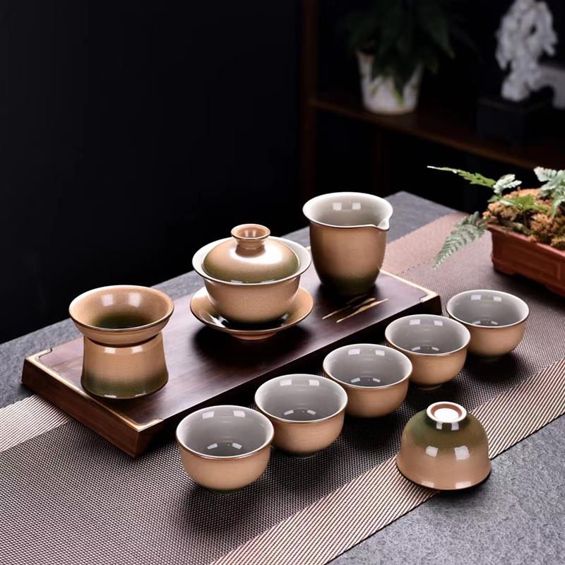 仿柴烧盖碗陶瓷泡茶碗盖茶杯茶具石磨泡茶壶旋转石墨茶具套装