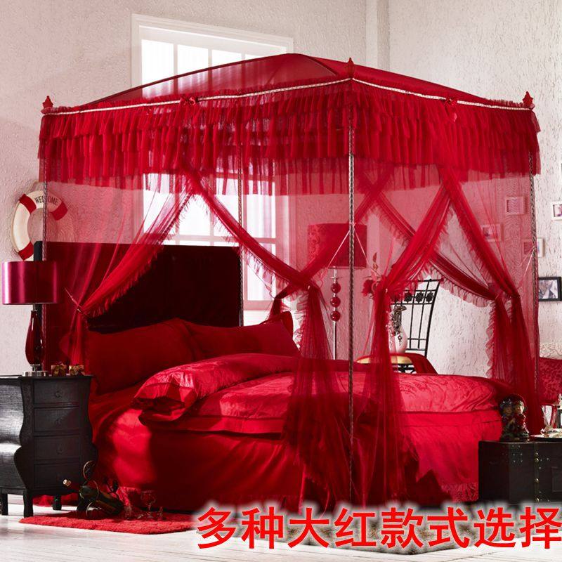 结婚庆大红色宫廷支架蚊帐三开门双人方顶1.5m1.8米2米夏睡帐帐子