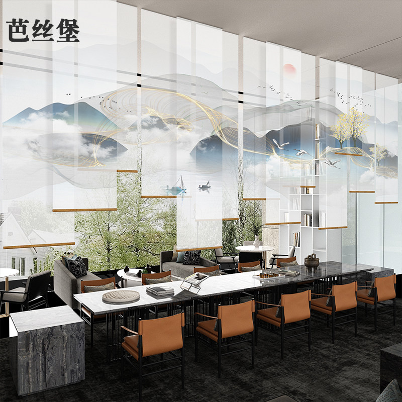 新中式帘子软屏风悬挂式抽象山水窗画布窗帘卷帘办公室大厅装饰