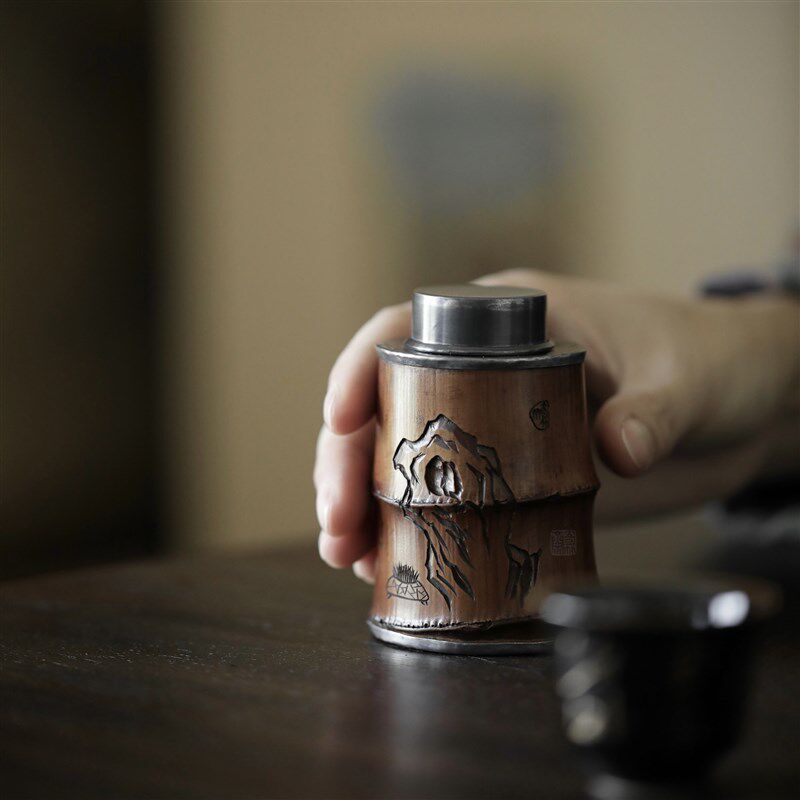 奇竹斋楠竹镶银茶叶罐便携密封性茶仓小号存茶罐茶道用具天然竹制