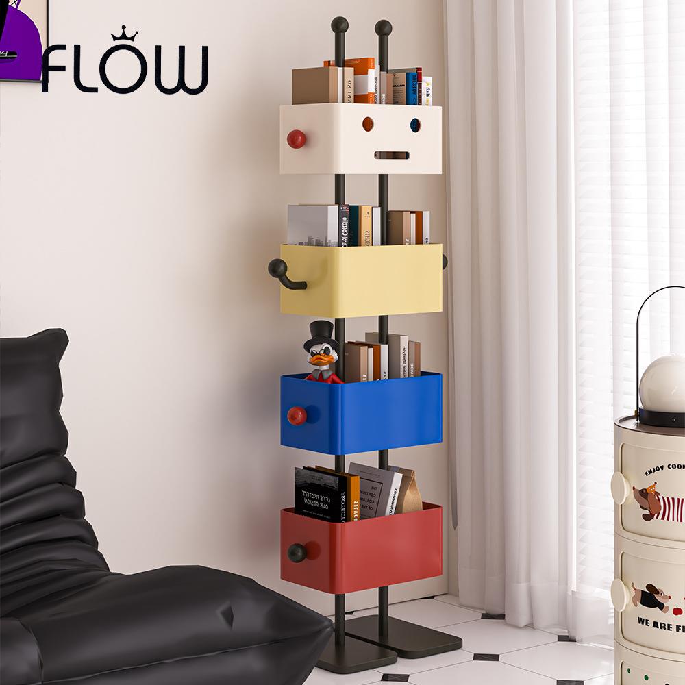 落地儿童书架客厅家用方盒转角置物架铁艺抽屉撞色转角隐形储物柜