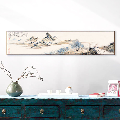 水墨宣言新中式横幅山水装饰画清恽寿平花岛隐栖国画茶室背景挂画