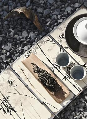 新中式茶室茶桌屏屏风竹绘QDT饰折茶空间意境摆件茶间空氛围桌装