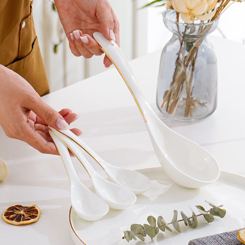 家用骨瓷勺子长柄圆勺描金大勺创意粥勺陶瓷调羹汤匙饭勺瓷勺子