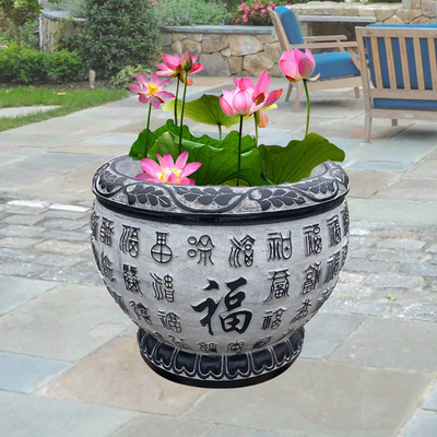 庭院石头鱼缸天然青石水缸花盆石雕百福大缸仿古做旧圆缸养鱼石盆