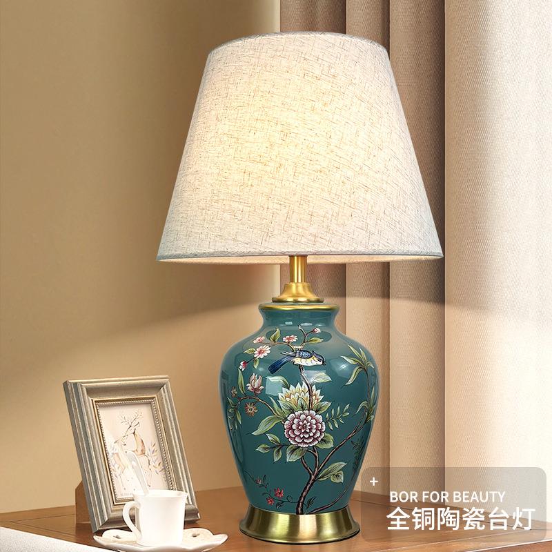美式乡村陶瓷台灯欧式花鸟客厅卧室书房酒店别墅美式复古全铜大号
