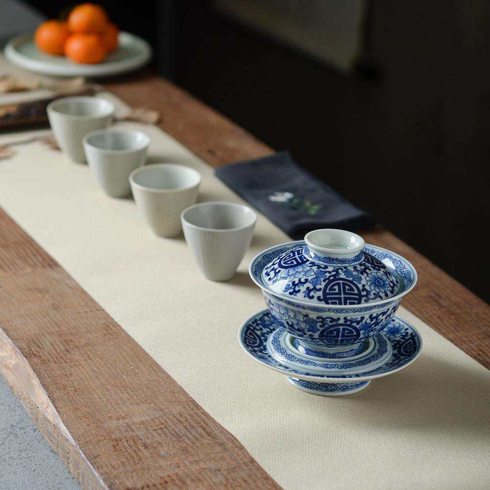 【万寿藤】景德镇手绘青花瓷盖碗手工三才茶碗茶杯泡茶陶瓷大号