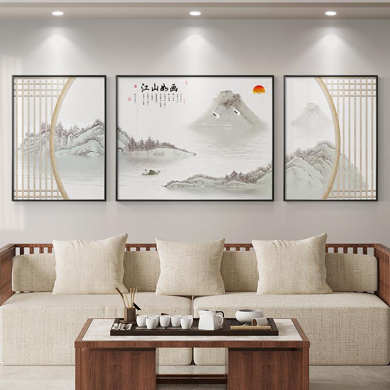新中式禅意山水玄关装饰画进门入户竖版壁画大三联茶室墙面挂画
