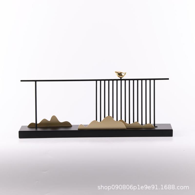 新中式创意铁艺山水小鸟玄关禅意金属摆件样板房客厅售楼处装饰品
