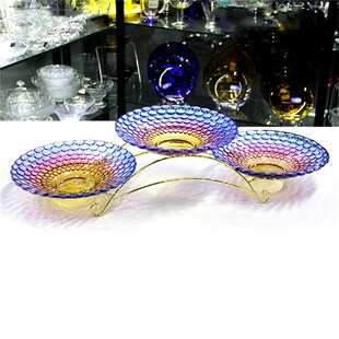 分三层桥型自助餐厅冷餐会餐具彩色玻璃水果凉菜食物盘碗盆展示架