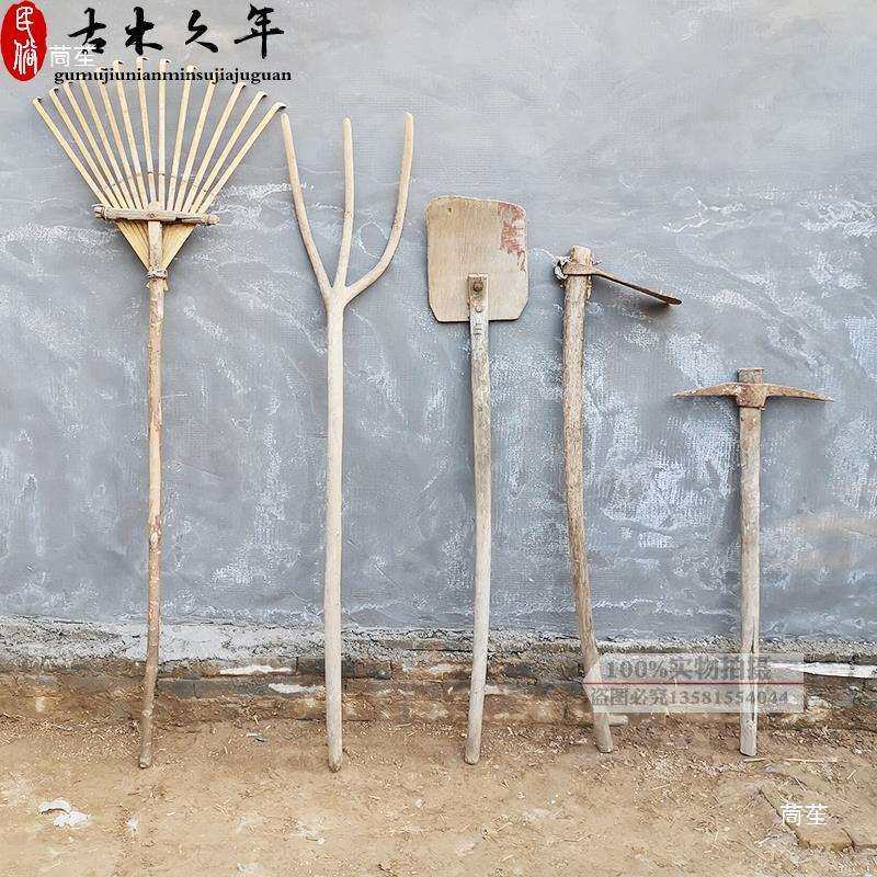 怀旧复古农具老物件农耕工具老木叉旧木耙锄头民俗农家院装饰摆件