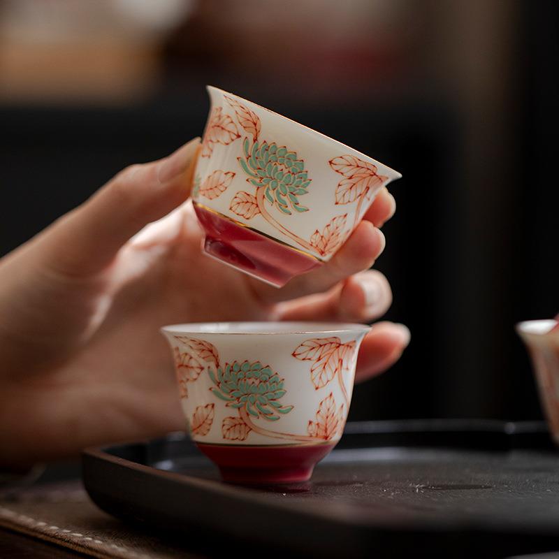 弥言家用描金轻奢茶杯创意留白菊花品茗杯纯手工陶瓷主人杯胭脂红