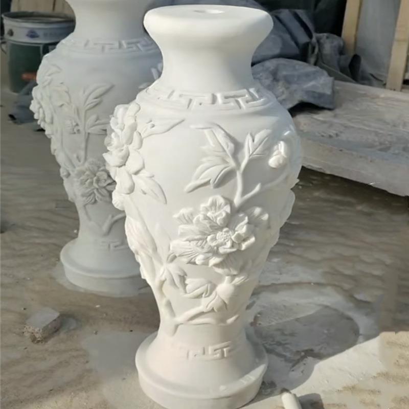 石雕花瓶雕塑一对汉白玉大理石材烛台插花祭祀墓地精雕