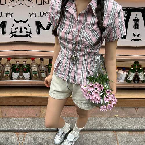 FORUYES官方店 美式复古学院风女ins格纹正肩翻领修身polo领衬衫