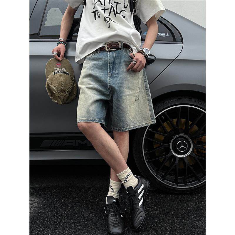 MANCHER 美式复古水洗做旧破洞牛仔短裤男夏季宽松直筒五分中裤潮