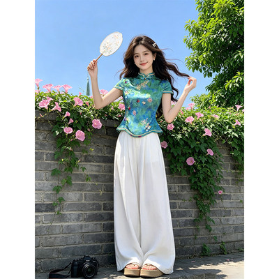 2026复古氛围感上衣女夏季晕彩花卉蝴蝶图案立领斜襟盘扣旗袍小衫