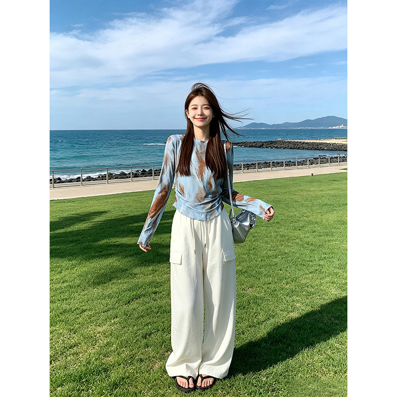 晕染印花网纱打底T恤女长袖夏季修身收腰微透户外衫薄款早秋上衣