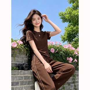 美式休闲两件套2026夏季正肩显瘦短袖垂感阔腿裤慵懒潮流女生套装