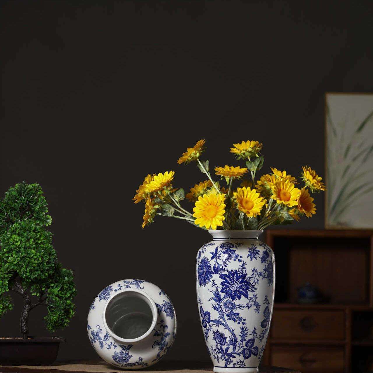 景德镇陶瓷青花瓷花瓶牡丹花瓶插干花瓶子工艺品客厅餐桌复古摆件