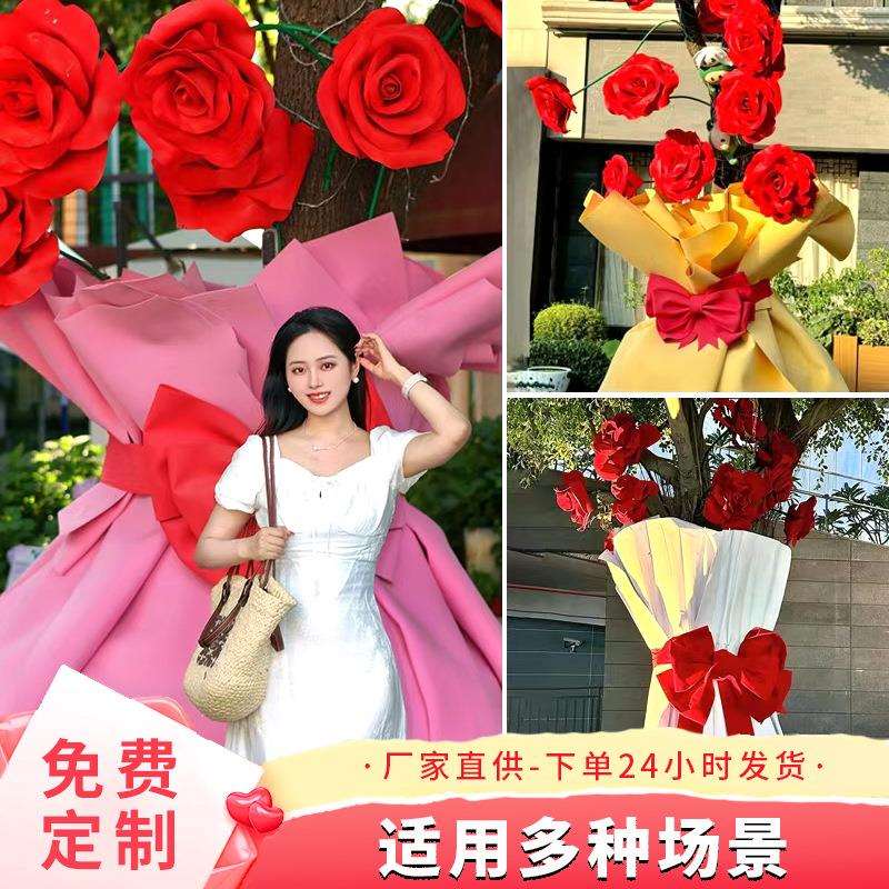 户外巨型玫瑰花树eva防水商业美陈装饰巨型花玫瑰树上开花仿真花