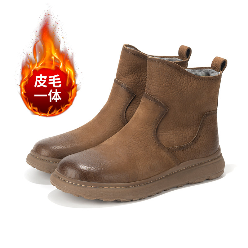 AFWAFW真皮皮毛一体雪地靴 复古侧拉链厚底冬季加绒保暖短筒棉靴