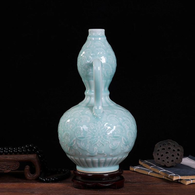 景德镇陶瓷装饰花瓶浮雕葫芦瓷器花瓶办公室工艺品影青瓷中式摆件