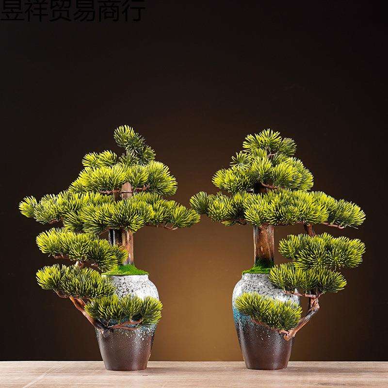 迎客松盆景新中式办公室摆件绿植仿真树盆栽玄关房间卧室酒店装饰
