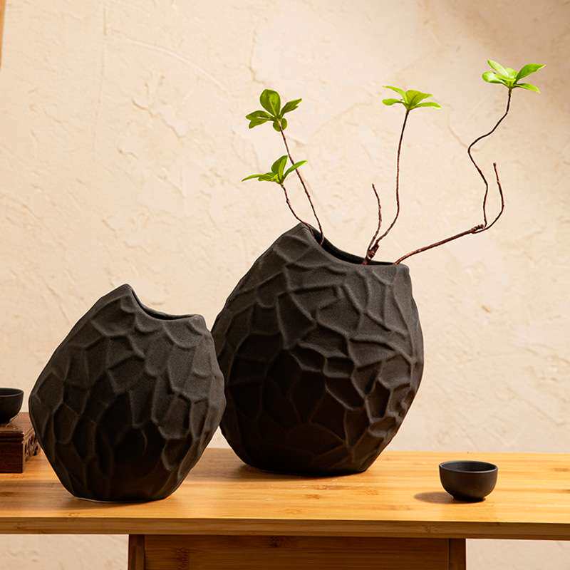 软装磨刻素烧陶瓷花瓶花器花艺术空间装饰品样板房客厅玄关摆件