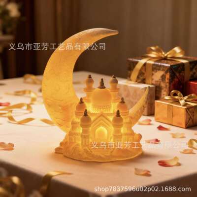 跨境新品穆斯节月亮边上的城堡树脂桌面摆件欧式家庭家居客厅装饰