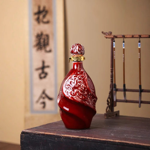 厂家现货陶瓷酒瓶空瓶子高档3斤/1.5L私藏红色浮雕创意酒坛酒罐装