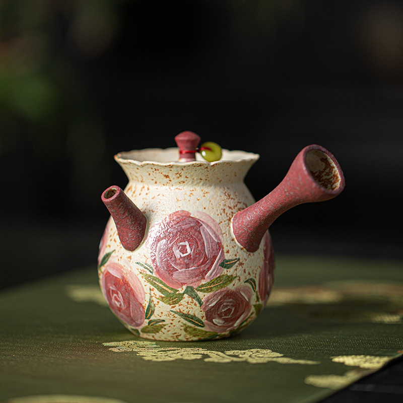 手绘青花火石红玫瑰花茶壶家用高档陶瓷侧把壶中式复古手工泡茶器