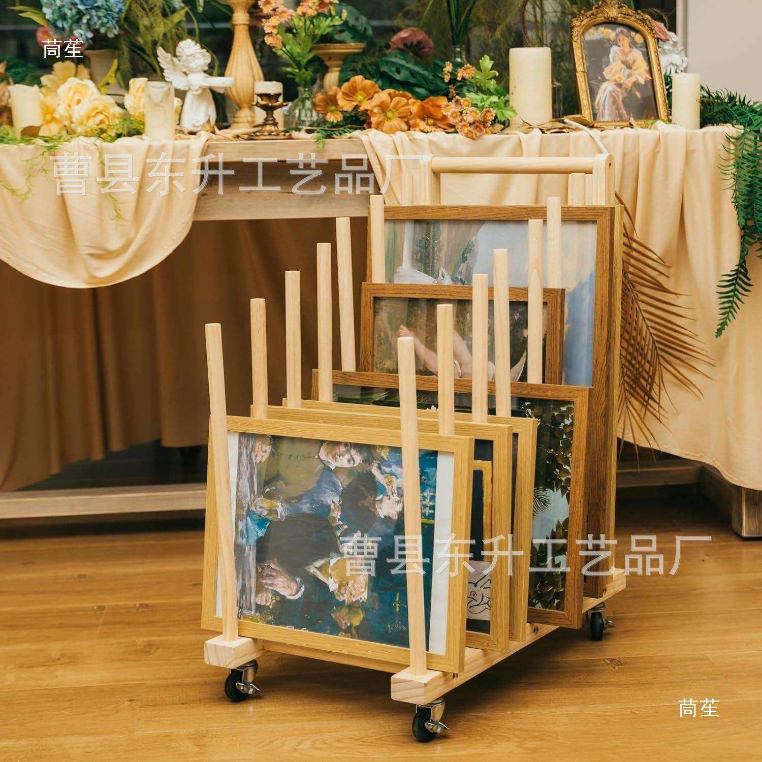 跨境木质画板晾干架带轮滑可移动实木喷漆收纳架油画艺术品储物架